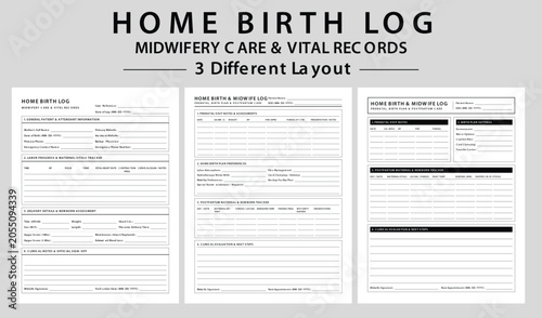 Printable Home Birth Midwifery Care and Vital Records Log Templates - Vector illustration