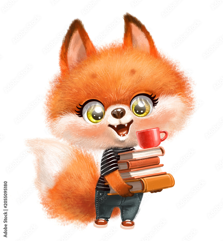 Fototapeta premium Cute cartoon fluffy red fox with a stack of books topped with a cup isolated on a white background