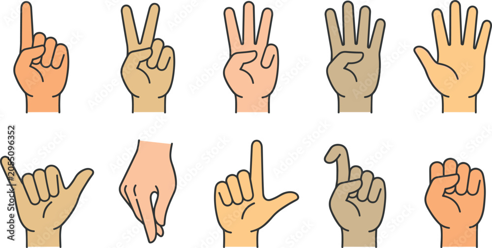 Fototapeta premium Counting and Counting Hand Gestures Vector Icon Set Featuring Diverse Skin Tones and Numbers One to Five with Common Signs for Educational and Interface Designs