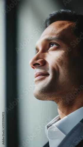Confident young businessman gazing thoughtfully into the distance in a modern office environment. Professional portrait capturing ambition and determination in natural daylight
