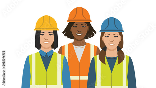 Three female construction laborers in hard hats and high-visibility vests standing together to showcase professional collaboration and teamwork in the field.