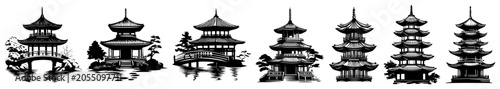 Photos Japanese pagoda temple silhouettes with traditional bridges and landscape elemen