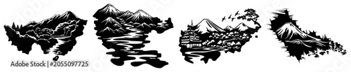 Fotografie Japanese mountain landscape vignettes featuring Mount Fuji and traditional pagod