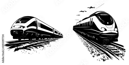 Canvas-taulu High speed modern train traveling on tracks in dynamic black and white style