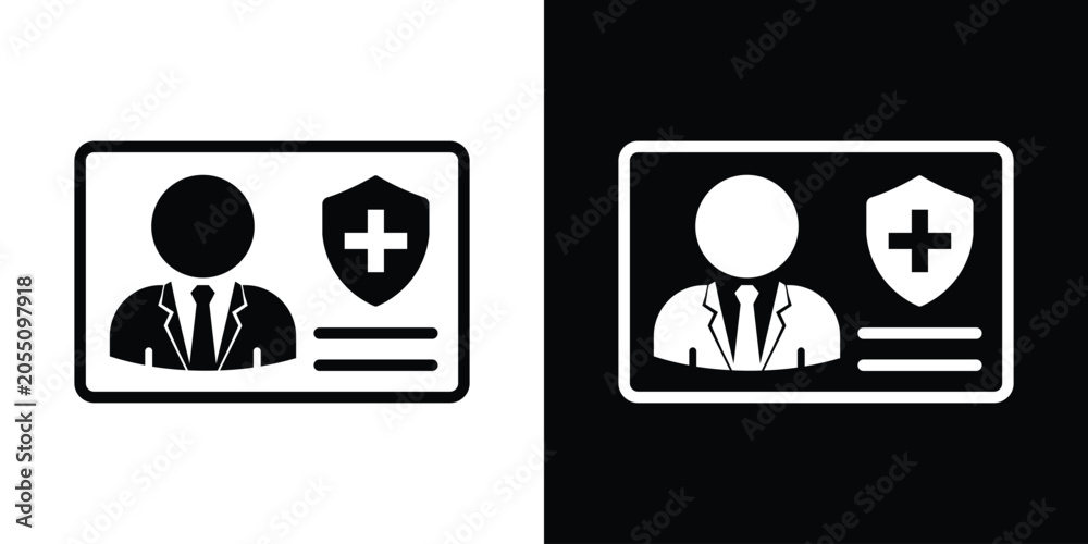 Fototapeta premium Medical insurance card icon. Identity badge featuring a business person silhouette and a health shield cross symbol. Black and white vector graphic.