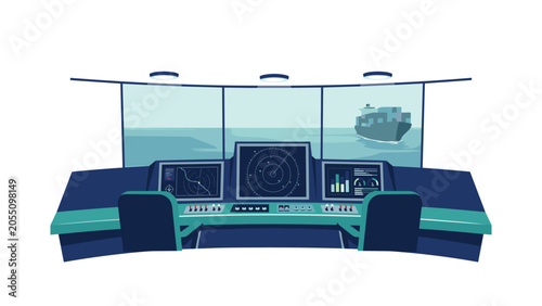 Ship bridge control console with radar screens and ocean view, maritime navigation, cargo ship monitoring, nautical technology.