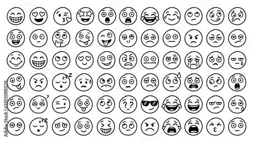 Collection of diverse hand drawn emoticon faces expressing moods