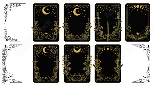 Celestial mystical tarot card frames with moon and sword motifs