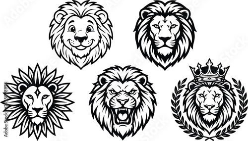Fotografie Black and white lion head illustrations, roaring lion, crowned lion, cartoon fac