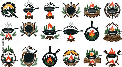 Obraz na plátne Cast iron skillet camping logos and badges set including campfire outdoor cookin