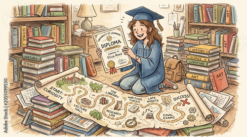 Graduate holding diploma and map to success surrounded by books