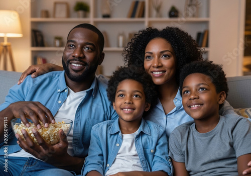 African American family enjoying movie night on couch with popcorn  