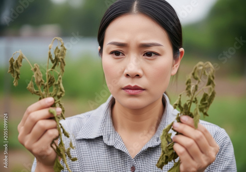 Young Asian woman examining wilted plants in a field  