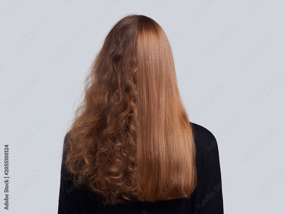 Naklejka premium Half frizzy and half straight long brown hair showing contrasting textures and shine for beauty and haircare styling background