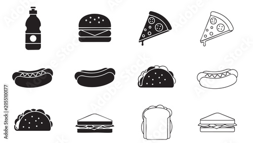 Schilderij op canvas fast food icons featuring burgers, pizza, hot dogs, tacos, s