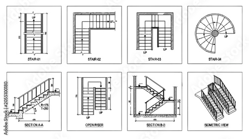 Architectural technical drawing showing various staircase designs including spiral, straight, and L-shaped stairs with detailed section profiles and views PNG, Transparent Background