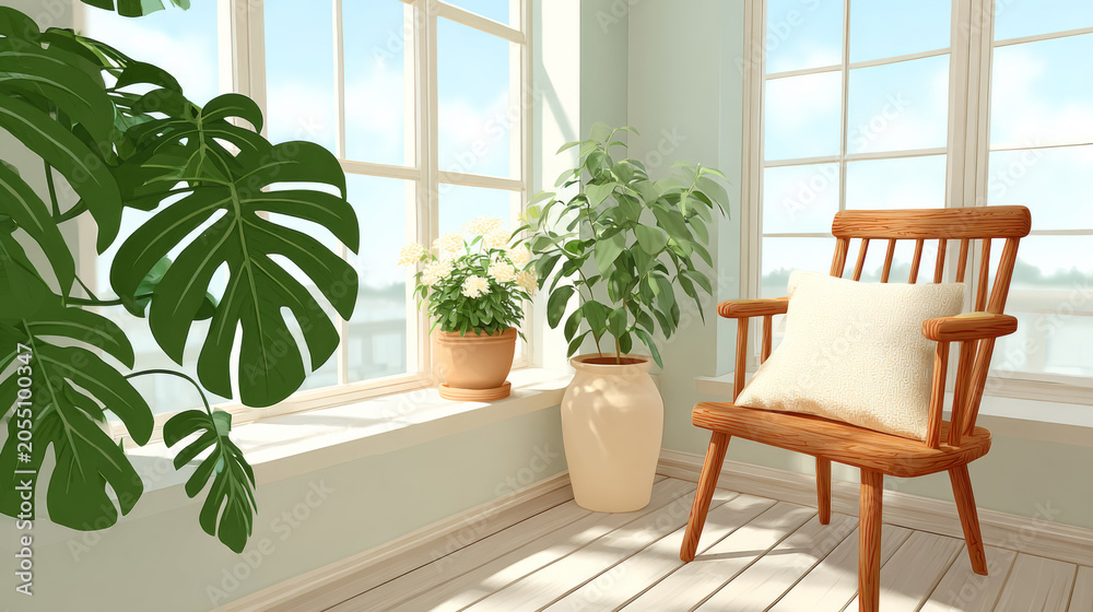 Fototapeta premium Sunlit room with wooden chair and lush indoor plants by large windows