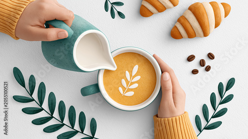 Latte art coffee with milk pouring and croissants on white background