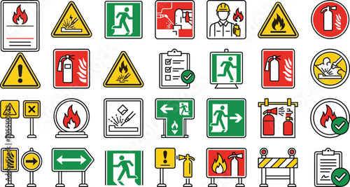 Photography Emergency safety and fire protection icons set including emergency exit fire ext