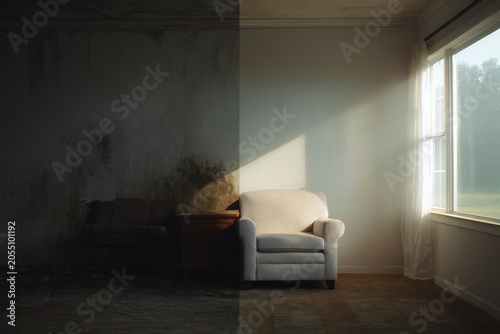 Split living room interior with a dilapidated dark left side and sunlit clean right side for contrast, restoration and renovation background design