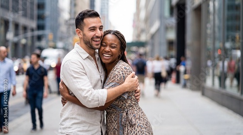Joyful multiethnic couple embracing and laughing on a busy city sidewalk
