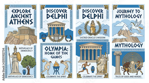 Vertical banners featuring ancient greek culture mythology and landmarks