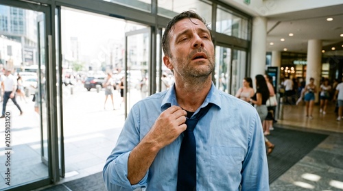 Sweating businessman loosening his tie at an Air Conditioned Mall Entrance. Use for corporate summer dress code blogs and urban climate issues.