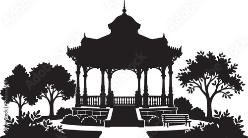 Fotografija Ornate Victorian Gazebo Silhouette, Classic Park Bandstand Vector, Elegant Outdo