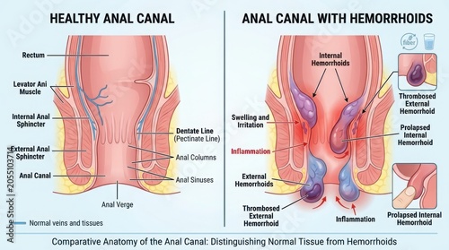 Medical diagram of healthy anal canal and hemorrhoids illustration