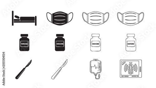 Bild auf Leinwand mask, vaccine bottle, syringe, thermometer, and hospital mon