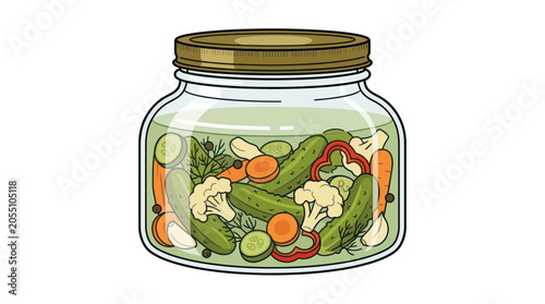 Obraz na płótnie Glass jar with assorted pickled vegetables and brine