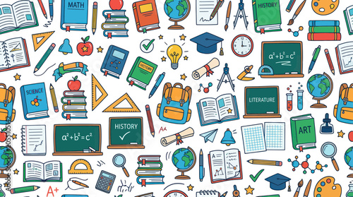 Cuadro en lienzo Seamless pattern of colorful school supplies and educational icons