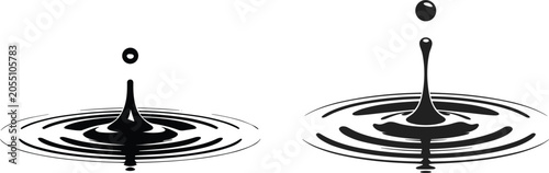 Water drop drip vector illustrations featuring rising liquid columns and concentric ripples