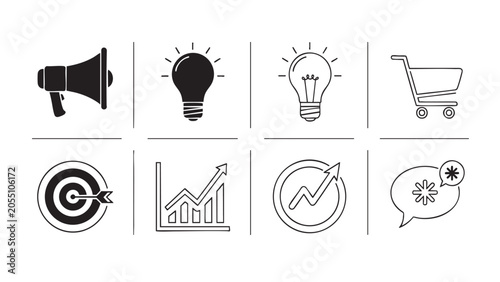 фотографія megaphone, light bulb, and shopping cart icons set