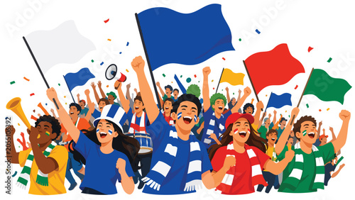 Vibrant Football Fan Zone illustration with diverse crowd waving flags and cheering