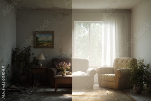 Split living room interior showing left damaged and right restored bright clean space for renovation and restoration background and design