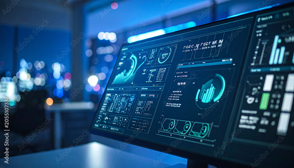 Fototapeta premium Futuristic Dashboard Display: A close-up view of a multi-screen futuristic dashboard displaying complex data and charts, with a blurred cityscape visible in the background.