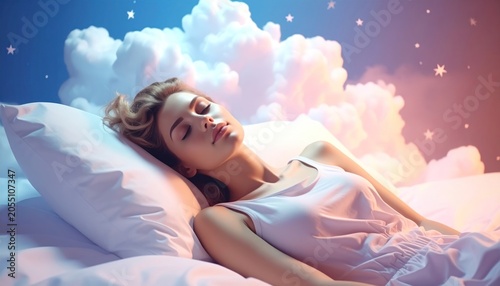 Woman asleep on a bed, dreaming under a sky with clouds and stars