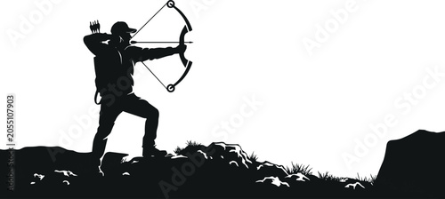 Foto Silhouette of male archer aiming compound bow standing atop rocky mountain ridg