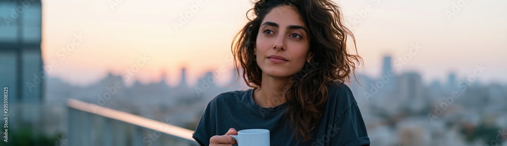 Naklejka premium Young woman on balcony at golden hour with a coffee mug for peaceful morning routine and urban rooftop lifestyle background featuring city skyline view for banner or wallpaper