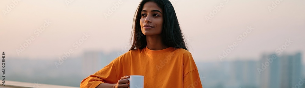 Naklejka premium Young woman in orange top holding a mug on a rooftop with hazy city skyline for lifestyle background banner and serene morning design