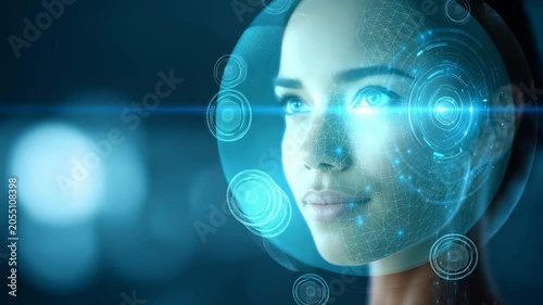 Futuristic woman with digital facial recognition interface and glowing blue holographic elements, representing artificial intelligence and biometric technology. Modern innovation and tech trends