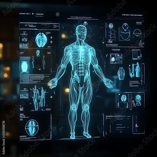 Virtual hologram of human anatomy displayed on a digital interface in a dark laboratory