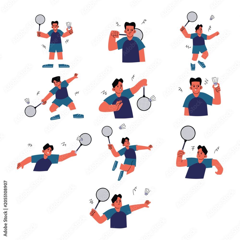 Fototapeta premium Badminton Player Action Character Illustration Set
