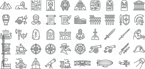 Canvastavla Ancient world history line icons set with Egyptian landmarks medieval symbols an
