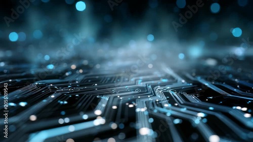 Futuristic digital circuit board with glowing blue lights and bokeh effects, representing advanced technology and innovation. Abstract background for tech and AI concepts