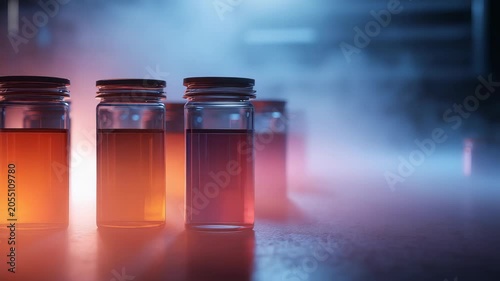 Glass jars filled with mysterious colorful liquid stand on a laboratory table surrounded by dramatic blue and pink mist. Futuristic science environment with glowing reflections and moody lighting
