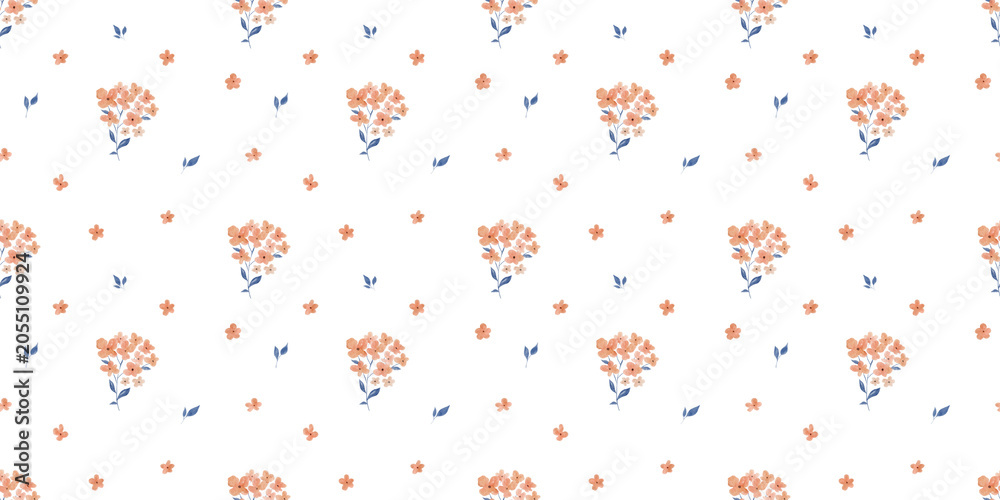 Fototapeta premium Seamless botanical watercolour pattern with flowers bouquets on white background, small spring foliage, elegant endless backdrop for fabric