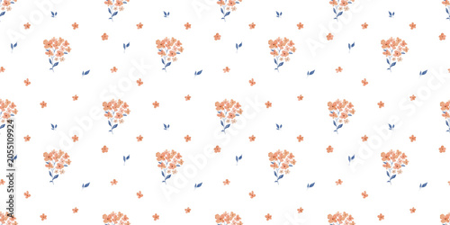 Seamless botanical watercolour pattern with flowers bouquets on white background, small spring foliage, elegant endless backdrop for fabric
