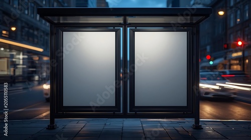 Empty modern bus stop shelter at night with urban city lights background
